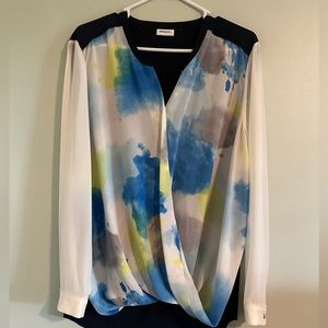 DKNYC Womens Painted Cross Over Blouse Top Long Sleeve White